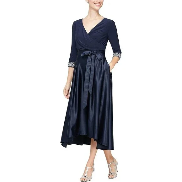 Alex Evenings | Dresses | Alex Evenings Tea Length Party Maxi Dress Womens  6 Navy Beadedsleeve Qlw733 | Poshmark